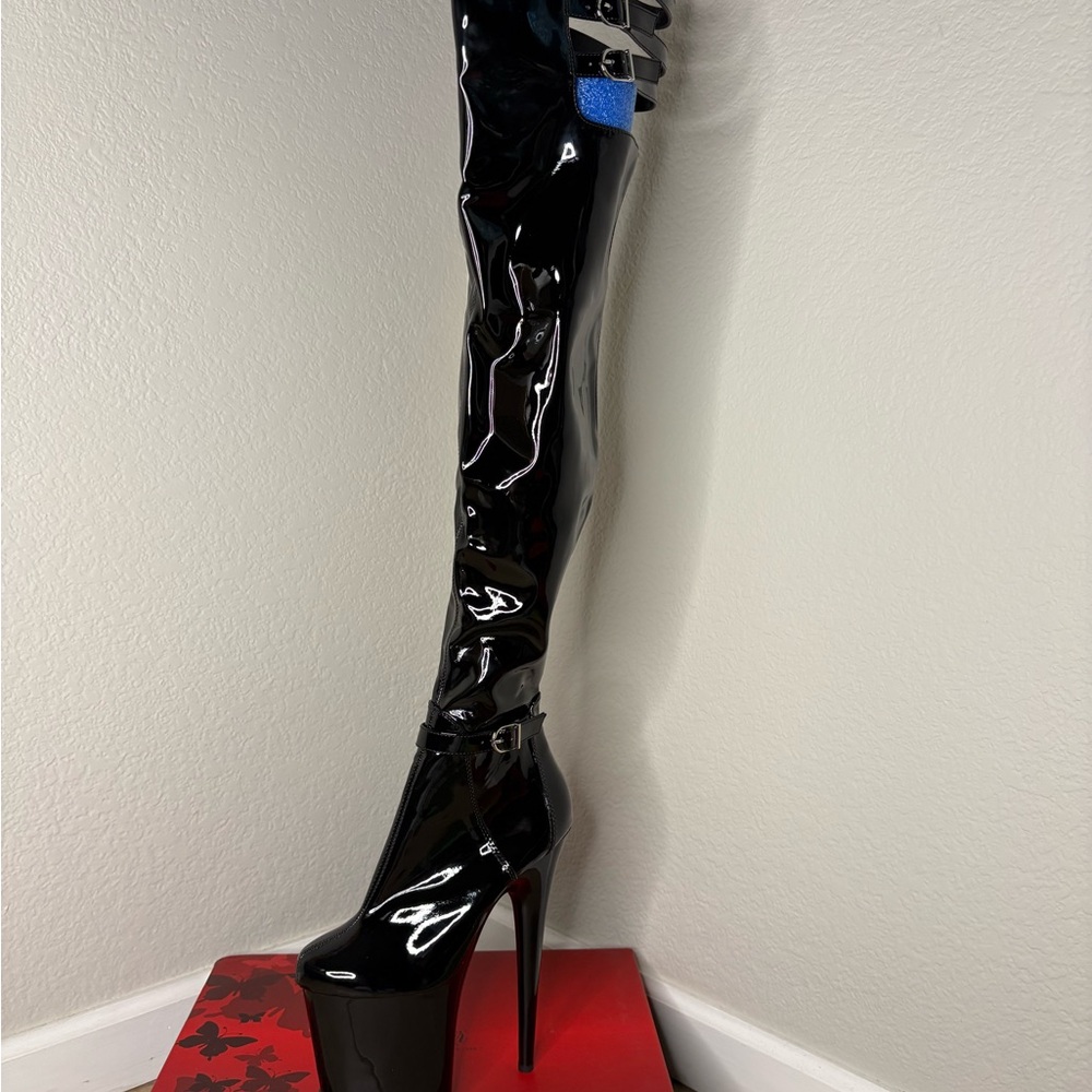 Pleaser Shiny Patent Black Over the Knee Thigh Platform Boots Brand New Size 8